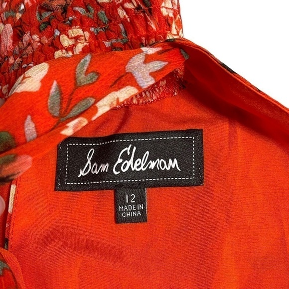 Sam Edelman Orange Floral Print Sleeveless Smocked Handkerchief Midi Dress 12 - Picture 6 of 8